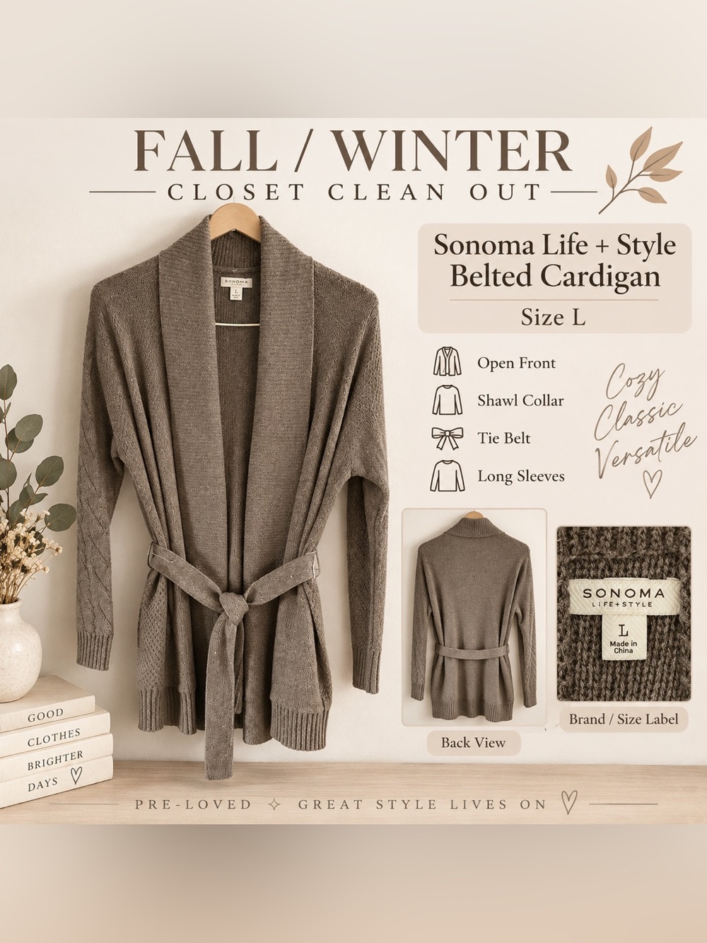 Sonoma Taupe Belted Shawl-Collar Cardigan